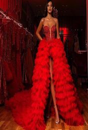 Stylish Red Sequined Front Split Prom Dresses Sheer Plunging Neck Beaded Tiered Evening Gowns Plus Size Sweep Train Tulle Formal D2117713