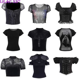 Frauen T-Shirt Y2K Gothic Black Spitzen T-Shirts Harajuku Sexy Ästhetik Brief Print Kurzes Slve Korsett Crops Frauen Sommer TS Strtwear T240412