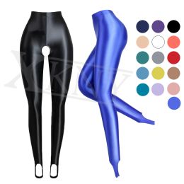 Pants Xckny New Open Crotch Pants Satin Oil Glossy Opaque Pantyhose Wet Look Tights Sexy Stockings Glossy Slim High Pedal Pants
