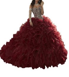 Quinceanera Dresses Deep red sexy heartshaped neckline with lotus leaf edge and back strap tail Ougen Sand Peng Skirt custom pack8381484
