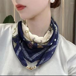 Scarves Women Magnetic Buckle Silk Scarf Printing Chiffon Neckerchief Summer Spring Neck Collar Square Towel Clothes Necklace Accessorie