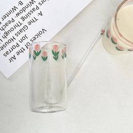 Wine Glasses 300ml Vintage Glass Cup Tulip Printing Transparent Water With Straw Heat Resistant Reuseful Milk Juice Coffee Mug