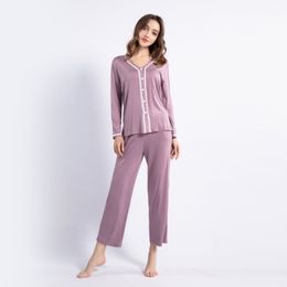 Lady Modal Cardigan Pajamas Set Long Sleeve 2Pcs Sleepwear Sexy Lace V-Neck Nightwear Casual Home Wear Intimate Lingerie