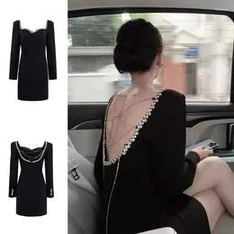 Casual Dresses Sexy Diamond Beading Embellished Backless Black Long Sleeve Dress French Retro Luxury Evening Party Mini 2024 Spring