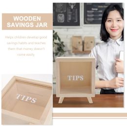 1 Set Wooden Piggy Bank Unbreakable Wood Money Bank Clear Tip Receiving Box with Marker for Coffee Shop