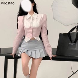 Korean Sweet Pleated Skirt Sets Women Preppy Style Short Blazer Coat White Shirt Mini Skirt Suit Female Outfits Chic 3 Piece Set