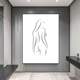 Retro Black and White Sexy Woman Canvas Poster Line Body Figure Nude Girls Print Painting Picture for Living Room Bedroom Decor