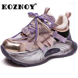 Casual Shoes Koznoy 6cm Air Mesh Leather Pigskin Women Chunky Sneaker Comfy Booties Mixed Color Fashion Summer Spring Ankle Boots Flats