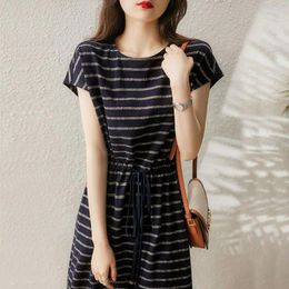 Party Dresses Casual Striped All-match Summer Short Sleeve Female Clothing Commute A-Line Stylish Drawstring Waist O-Neck Midi Dress