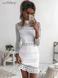 Lossky Sexy White Lace Stitching Hollow Out Party Dresses Elegant Women Short Mini Summer Casual Clothes For 240412