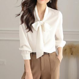 Women's Blouses Spring Summer Elegant Fashion Solid Colour Bow Shirt Ladies Long Sleeve All-match Chiffon White Women Cardigan Tops Femme