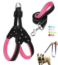 Reflective Nylon Rhinestone Dog Harnesses Step in Soft Mesh Padded Small Dog Puppy Harness Leash Set Safety For Walking S M L307x6061113