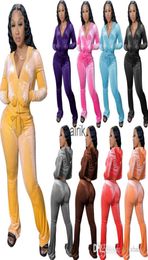 Women Velour Tracksuits Hoodie Sport Two Piece Outfits Pink Velvet Sweatsuits Zipper Pocket Long Sleeve Jacket Bell Wid Leg Pant S7698455