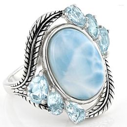 Cluster Rings Temperament Natural Ocean Blue Aquamarine Ring For Women Gift Rare Crystal Beads Stone Silver Color Fashion Jewelry