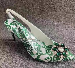 Dress Shoes Stiletto Heels Flower Print Slingback High Heel Pumps Leather Women Pointed Toe Jewelry Bridal Wedding