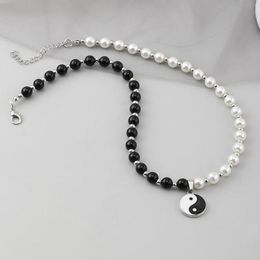 Chokers Round Pearl Beads Yin Yang Taichi Pendant Stainless Steel Chain Unisex Necklace Couple Jewellery Women Mens4509712