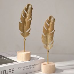 Golden Ginkgo Leaf Feather Metal Model Figurines Manual Desktop Crafts Ornaments Photo Props Statues Sculptures Home Decor