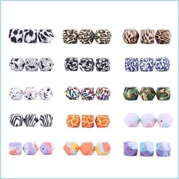 Other 14Mm Hexagon Sile Beads Food Grade Terrazzo Leopard Print Teething Baby Chewable Teether Diy Pacifier Chain Necklace Chewelry D Dhsav