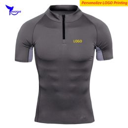 T-Shirts Personalized LOGO Quick Dry Sport T Shirt Men Short Sleeve StandUp Collar 1/4 Zipper Fitness Top Tees Elastic GYM Sportswear