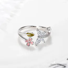 Cluster Rings 925 Sterling Silver Sweet Pink Flower Opening Ring Zircon Butterfly Adjustable For Women Romantic Birthday Gift SCR1011-E