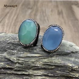 10pcs Gun Black Plated Oval Blue And Green Opal Rings.Rhinestone Paved Gem Stone Rings For Women MY210642 240403