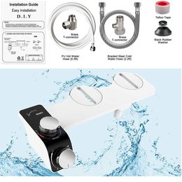 Slim Toilet Seat Bidet Attachment Hot & Cold Double Nozzle Spiral Adjustable Water Pressure Non-Electric Butt Sprayer With Hose