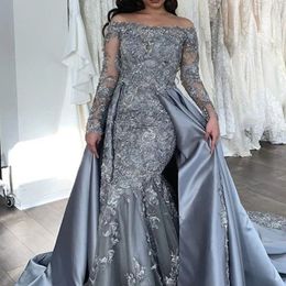 Bateau Neck Gray Mermaid Prom Dresses Long Sleeves With Detachable Skirt Lace Appliques Women Elegant Formal Wear Evening Gowns