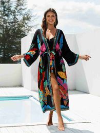 Basic Casual Dresses 2024 Bohemian Printed Batwing Slve Belt Long Open Front Kimono Dresses Summer Women Loose Beach Wear Moo Dress Q1512 T240412