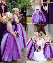 Square Tulle Ball Gown Bow Purple Sleeveless Floor Length Simple Wedding Dresses Flower Girl Dresses Beautiful4813456