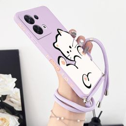 White Cloud Cat Crossbody Lanyard Silicone Phone Case For OPPO Reno 8 7 6 8T 7 Lite 6 Lite 7Z 8 Pro 6 Pro Plus 5 Pro 5F 4F Cover