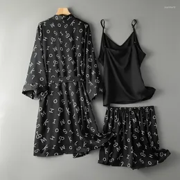 Home Clothing Sexy Distinctive Silk Pajamas Sling Ice Collarless Three-piece Set Thin Seven-point Sleeve Loose Clothes