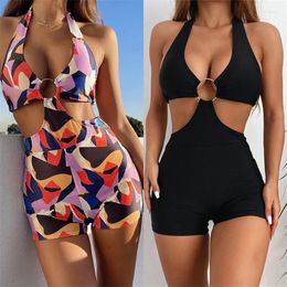 Women's Swimwear 3 Colors Sexy One Piece Swimsuit Women Black Leopard Colorful Print High Waist Halter Bathing Suit Beachwear Metal Hoop