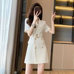 Womens Summer Mini White Suit dress Korean Office Lady Graceful Dresses With Waitbelt Slim Short Sleeve Workwear Female 240412