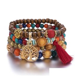 Charm Bracelets 4Pcs Bohemia Tree Of Life Beaded Bracelet Set For Women Handmade Wood Beads Chain Bangle Female Boho Jewellery Drop Del Dhcvu