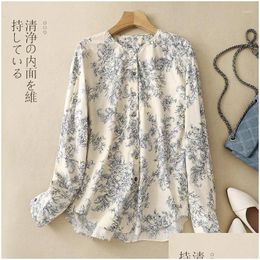 Womens Blouses Shirts Limiguyue Summer Blue And White Porcelain Print Blouse Women Chinese Style O-Neck Long Sleeve Cotton Causal Tops Otp2C
