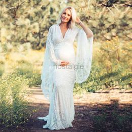 Maternity Dresses Flare Sleeve Lace Pregnancy Dresses Photoshoots Pregnant Session Photos V Neck Sexy Bodycon Floor Length White Maxi Long Dress 24412