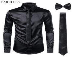 Black Mens Silk Dress Shirts 3PcsShirt TieBowtie Smooth Satin Shirt Men Slim Fit Party Prom Casual Shirts Men Social Camisa 205606569