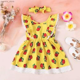 Girl's Dresses Child Girls Dress Lovely Rose Floral Ruffle Lace Trim Sleeveless Skirt Fashion Holiday Summer Wear for Kid Girl 2-7 Years Y240412