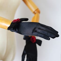 WG106 Elegant Wedding Bridal Gloves Red Yarn Rose Satin Black Women Pageant Prom Perform Short Wrist Finger Gloves