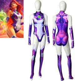 Teen Titans Superhero Starfire Koriand'r Aldult Kids Purple Jumpsuit Cosplay Costume Zentai Halloween Costume for Women Girls