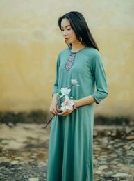 Casual Dresses TOP Vintage Embroidery Bamboo Fiber Loose Fashion O-Neck Pullover Green Long Dress