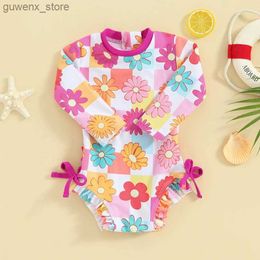 One-Pieces 0-3T Baby Girl Bikini Long Sleeve Swimsuit Flower Butterfly Print Bow Summer Swimming Bathing Swimsuit Y240412