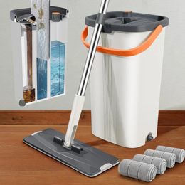 Flat Mop and Bucket with Wringer Set 3Chamber Design Separates Dirty Clean Water Wet Dry Use 240412