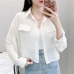 Women's Blouses 2024 Korean Style Chiffon Blouse Women Summer Thin Short Sunscreen Shirt Female All-Match Long Sleeve Turn-Down Collar Sweet