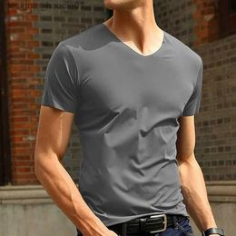 Men's Hoodies Sweatshirts Casual mens short chiffon silk cotton trackless V-neck T-shirt slim fit basic home textile T-shirt tee top C240412