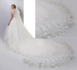 Cathedral Length Lace Appliques Wedding Veils Tulle Long Rhiinestones Sequins white ivory tulle Bride Veil custom made9260404