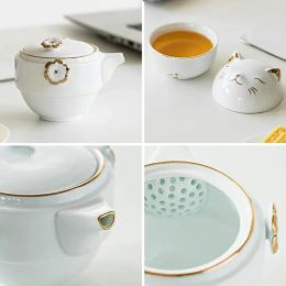 Portable Ceramic Lucky Cat Tea Cup Set 1 Teapot 2 Cups With Tea Strainer Lids 1 Storage Bag Tea Set Tea Pot And Cup Set