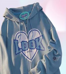 Pink Letter Graphic Kawaii Harajuku Hoodies Women Blue Punk Emo Alt Sweatshirt Zip Up Aesthetic Indie Y2k Korean Fashion Clothing6871110