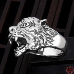 S925 Sterling Silver Rings for Men Mens Fashion King of the Forest Tiger Head Adjustable Pure Argentum Punk Jewelry240412