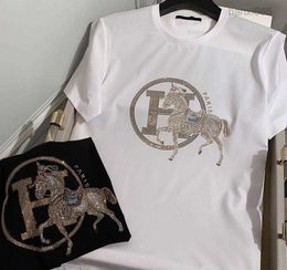 T-shirts European Station Short-sleeved T-shirt Hot Diamond Golden Horse Trend Thin Section Cool Round Neck Mercerized Cotton Top Half-sleeve